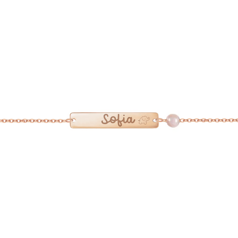 Bracciale per neonata con piastrina e perla in corallo personalizzata in argento placcata in oro rosa 18Kt