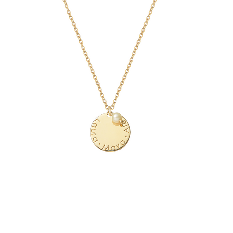 Collana con piastrina rotonda personalizzata e perla in argento placcata in oro giallo 18Kt