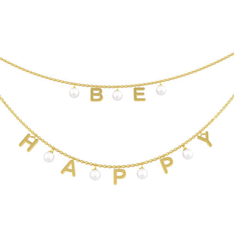Collana a doppio filo con una o più lettere componibili personalizzabile con perle in argento placcato in oro giallo 18Kt