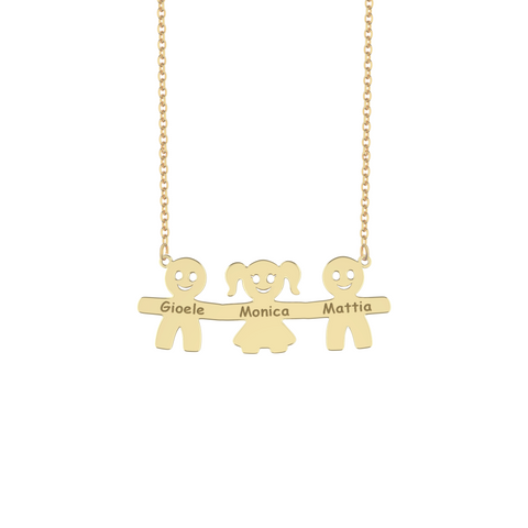 Collana con tre bimbi personalizzati in argento placcato in oro giallo 18Kt